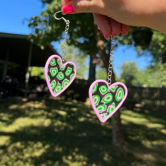 Handmade Psychedelic Polymer Clay Heart Statement Earrings - Picture 7 of 17
